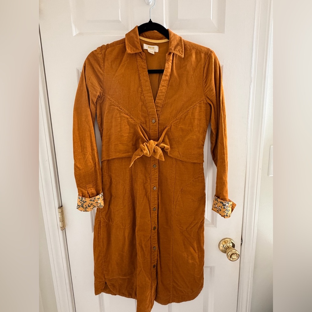 Maeve by Anthropologie Corduroy Tie-Front Shirt Dress